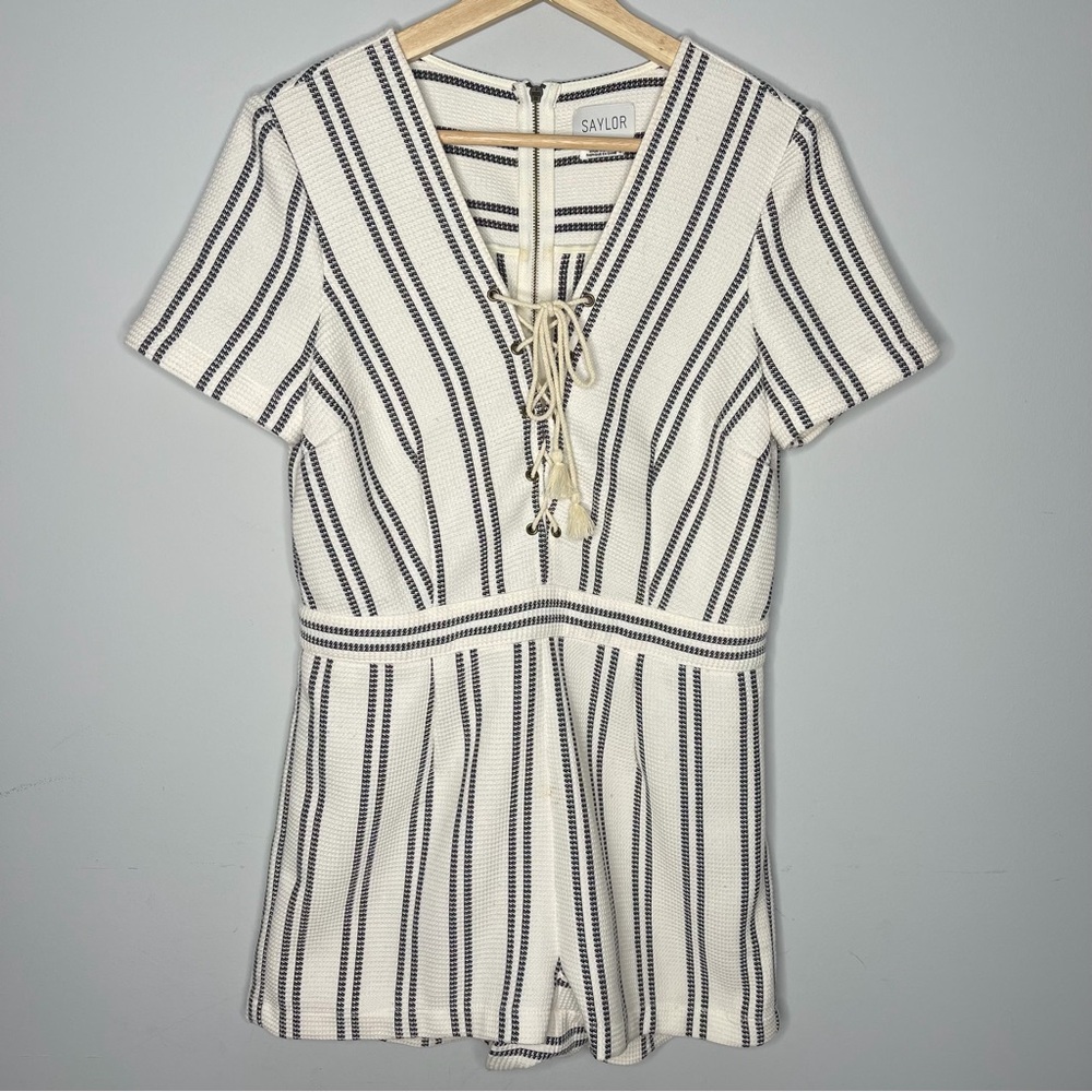 SAYLOR Striped Lace-Up V-Neck Romper in Ivory &‎ Navy medium